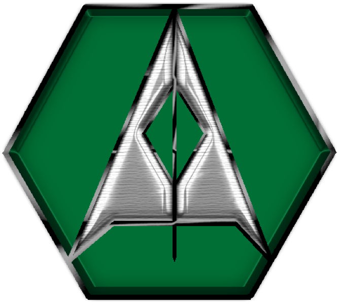 The Harquebus logo. It appears as a hexagon of green with the side view of a silver hunting arrowhead in the center.