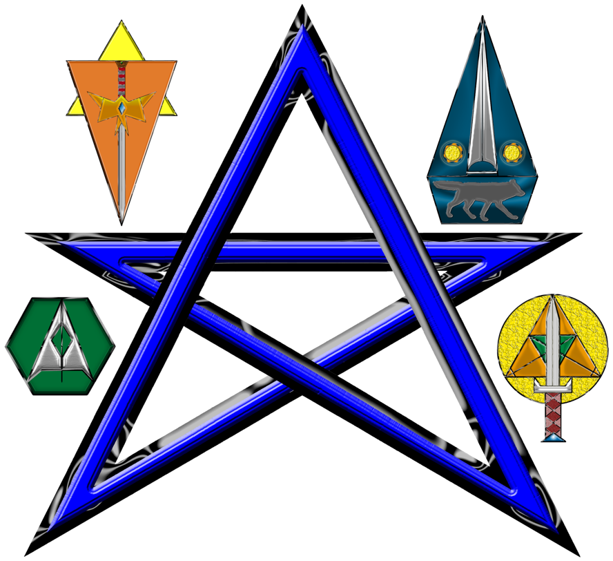 The group consists of the larger, blue five-pointed star logo of the Dragon Corps surrounds by the logos of its various agencies: Silver Knights, Force Grey Wolf, House Bravo and Harquebus.